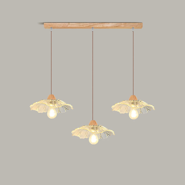 Art déco moderne en bois avec abat-jour en verre en forme de feuille de lotus, lustre à 1/3 lumières pour chambre à coucher 