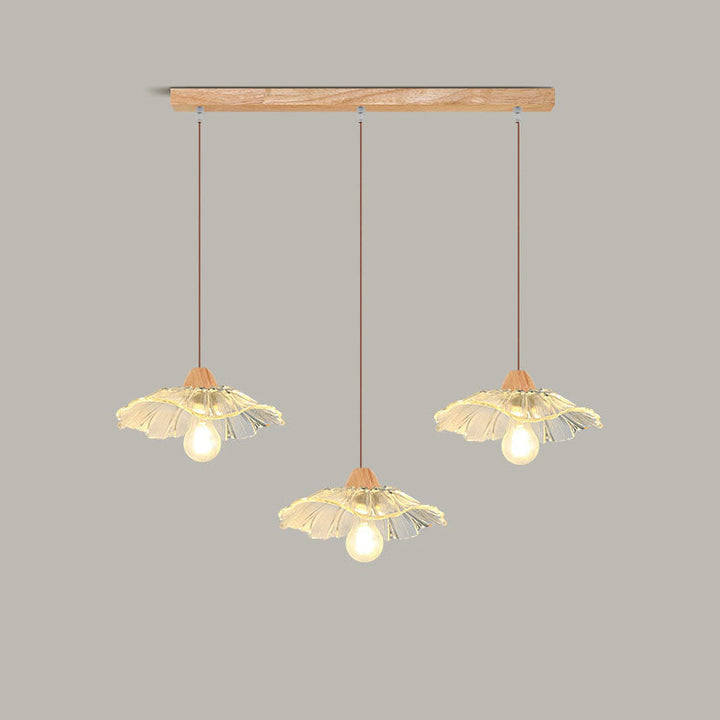 Art déco moderne en bois avec abat-jour en verre en forme de feuille de lotus, lustre à 1/3 lumières pour chambre à coucher 