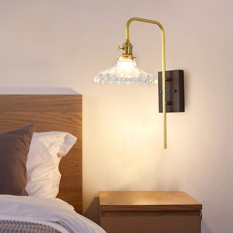 Traditional Vintage Round Wood Iron Glass 1-Light Wall Sconce Lamp For Bedroom