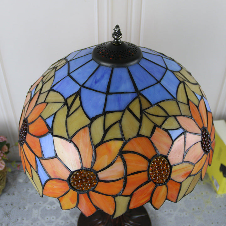 Traditional Tiffany Pastoral Rose Flower Stained Glass 2-Light Table Lamp For Bedroom