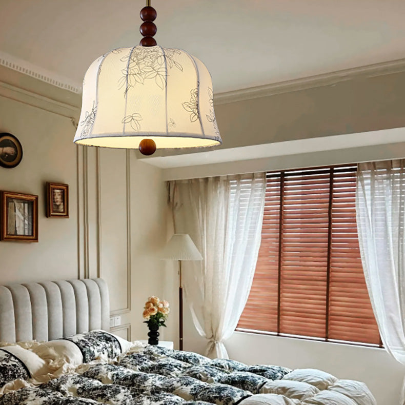Lámpara colgante de 1 luz de tela floral redonda romántica francesa tradicional de madera y metal para dormitorio 