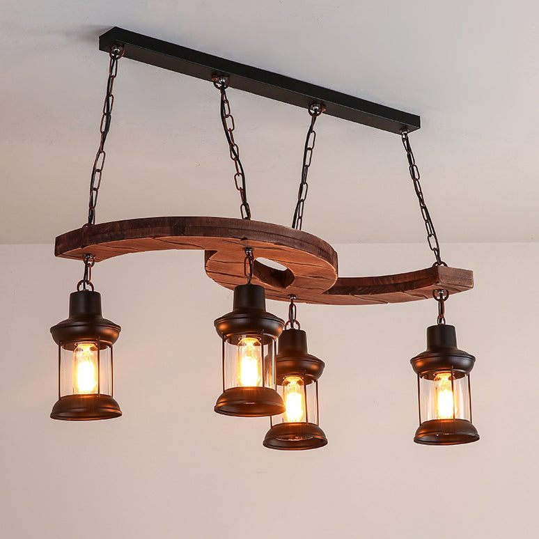 Traditional Japanese Wood Double Moon Design Iron Glass Bottle Shade 4-Light Island Light Chandelier For Dining Room