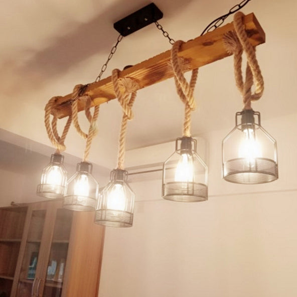 Chandelier de salle à manger à 5 lumières avec abat-jour en cage de fer et poutres en bois rustiques traditionnelles 