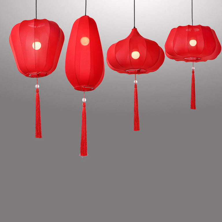 Traditionelle chinesische Laterne Stoff Eisen 1-Licht Pendelleuchte für Schlafzimmer 