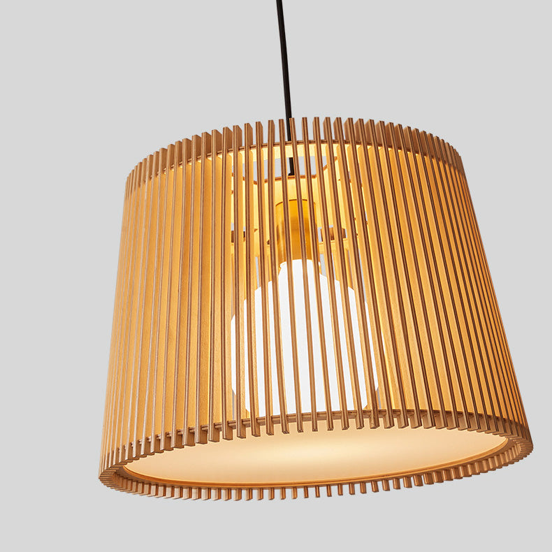 Traditional Japanese Wood Acrylic Cylinder Bucket 1-Light Pendant Light For Dining Room