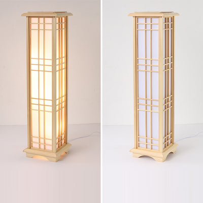 Traditional Japanese Wood Acrylic Pillar Rectangular 1/2/3 Light Standing Floor Lamp For Bedroom