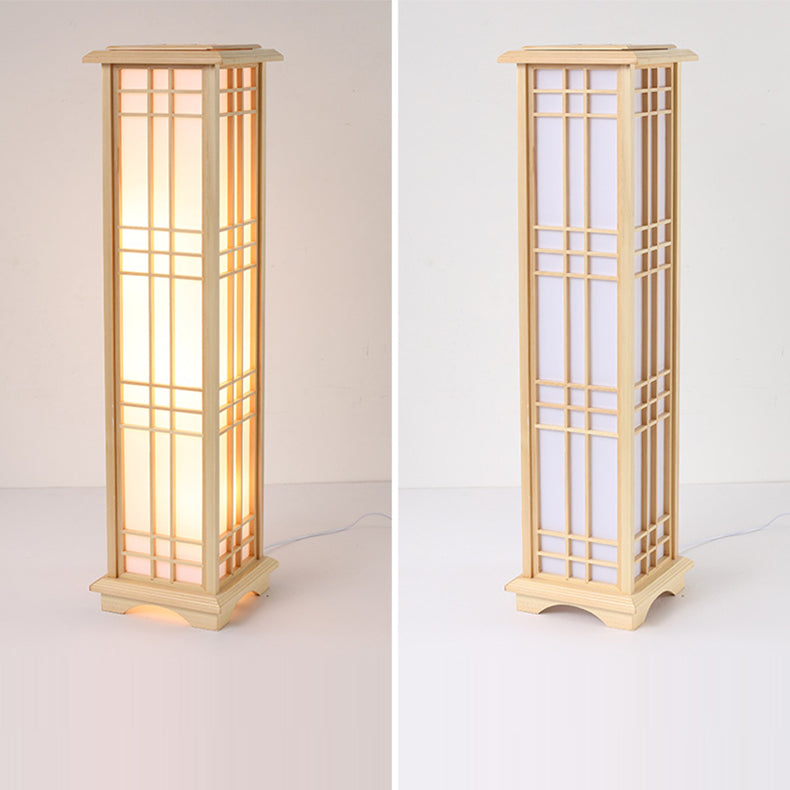 Traditional Japanese Wood Acrylic Pillar Rectangular 1/2/3 Light Standing Floor Lamp For Bedroom