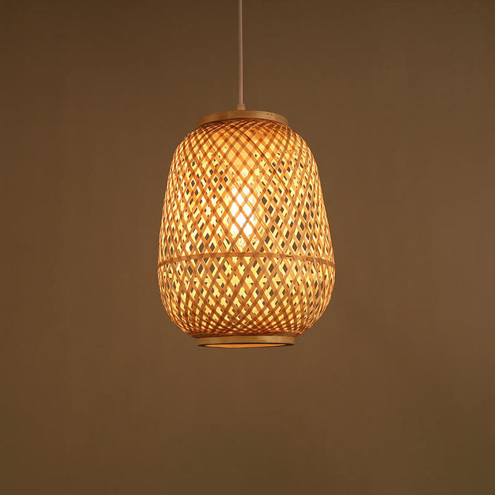 Suspension Luminaire 1 Lumière en Forme de Cage Ovale en Bambou Contemporain pour Salle à Manger 