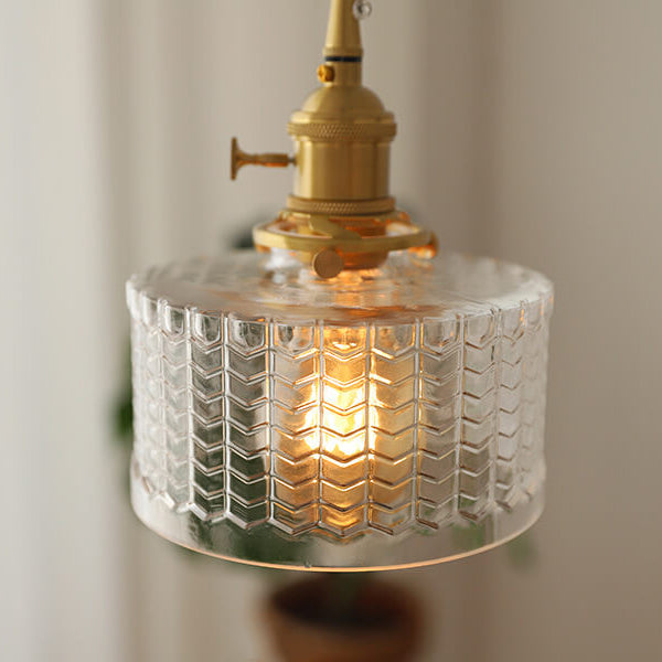 Moderne nordische Pendelleuchte aus Messing, Eisen und klarem Glas in runder Trommelform, kupferfarben, 1-flammig, für Wohnzimmer &amp; Schlafzimmer 