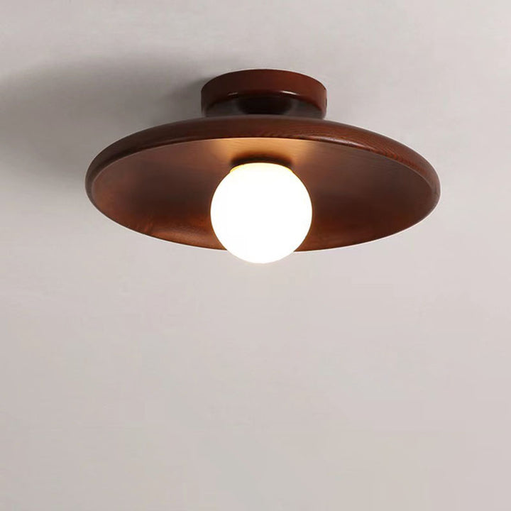 Modern Simplicity Rubberwood Glass Round 1-Light Semi-Flush Mount Ceiling Light For Hallway