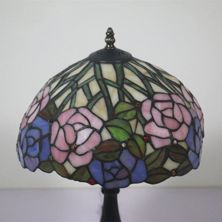 Traditionelle Tiffany Rose Blume Buntglas Kuppel 1-Licht Tischlampe für Schlafzimmer 