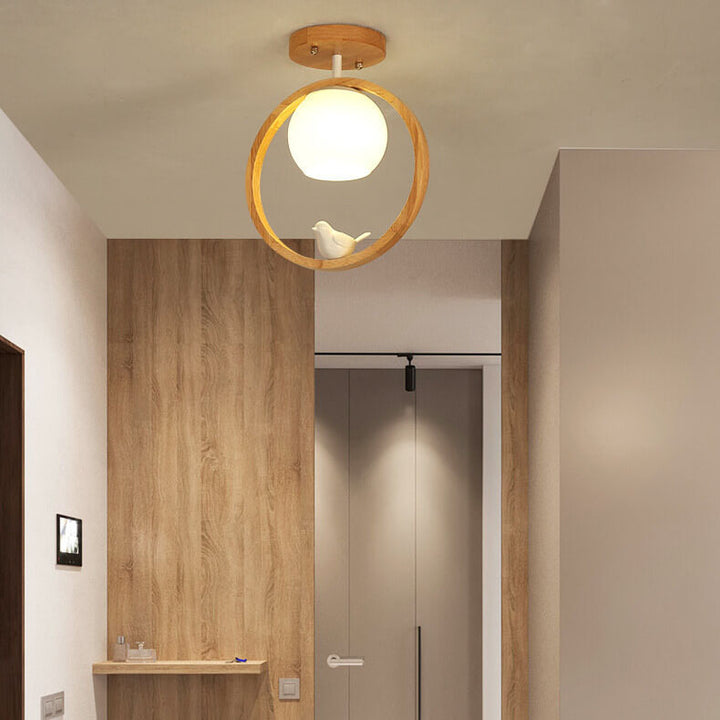 Moderne japanische minimalistische Log Bird Runde 1-Licht Semi-Flush-Mount-Deckenleuchte 