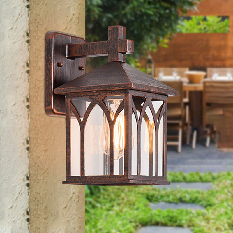 Traditionelle europäische wasserdichte Aluminiumglas-Würfel-1-Licht-Wandleuchterlampe für den Garten 