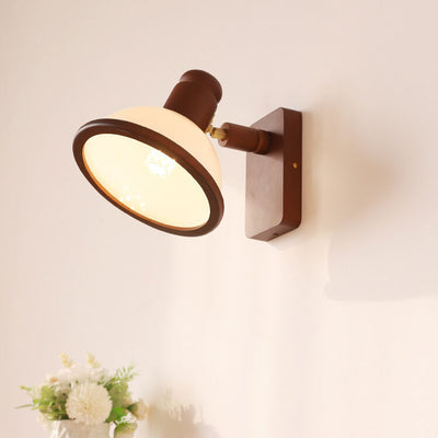 Chinese Vintage Walnut Wood Adjustable Swing Arm Dome 1-Light Wall Sconce Lamp