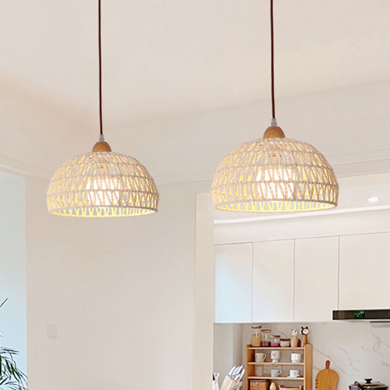 Traditional Japanese Half Round Solid Wood Rattan 1-Light Pendant Light For Living Room