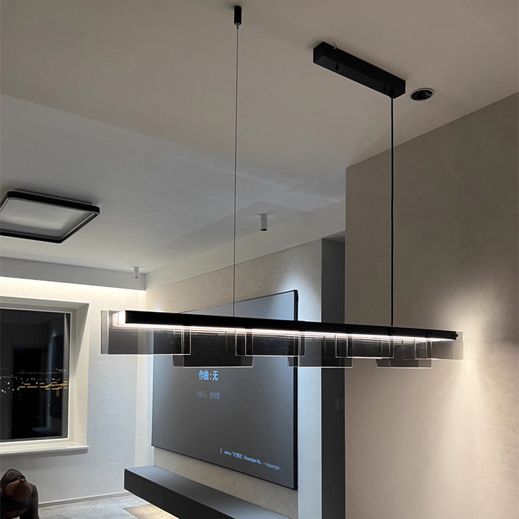 Lustre à LED moderne minimaliste en verre long et cuivre pour salon 