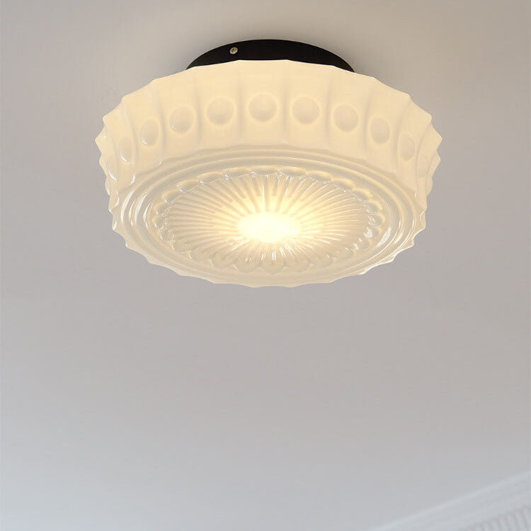 Traditional French Iron Glass Stripes Round Drum LED Semi-Flush Mount Ceiling Light For Living Room &amp; Bedroom