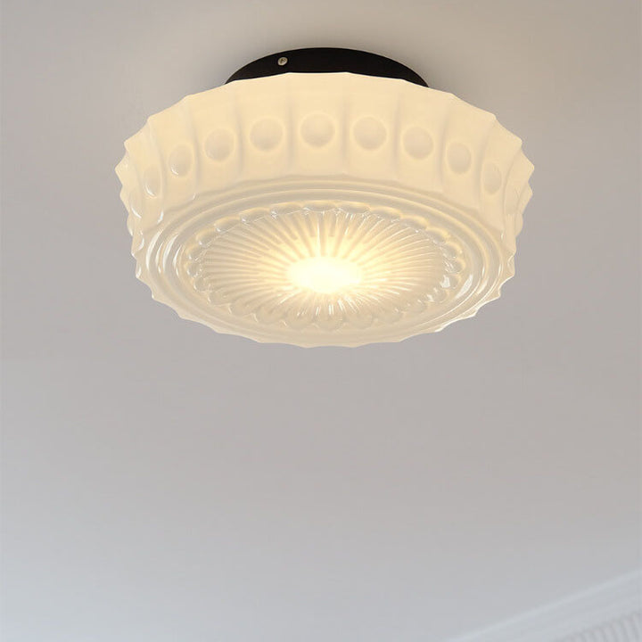 Traditional French Iron Glass Stripes Round Drum LED Semi-Flush Mount Ceiling Light For Living Room &amp; Bedroom
