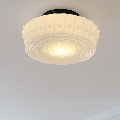 French Vintage White Jade Glass Stripes Round Drum 1-Light Semi-Flush Mount Ceiling Light