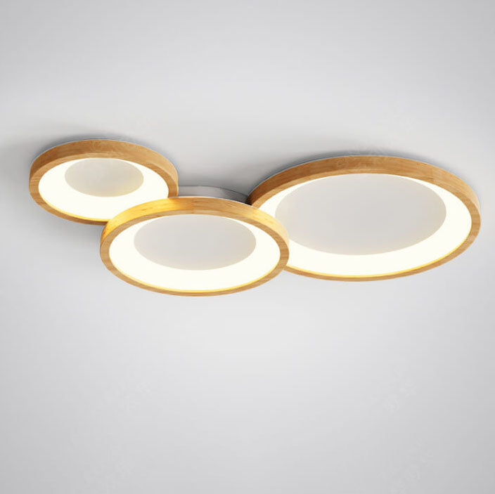 Contemporary Scandinavian Rubberwood Acrylic Log Circle Design LED Flush Mount Ceiling Light For Living Room