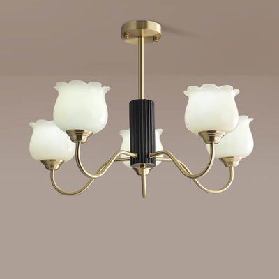 French Light Luxury Full Copper Wood Frame Bell Orchid Resin 5-Light Chandelier