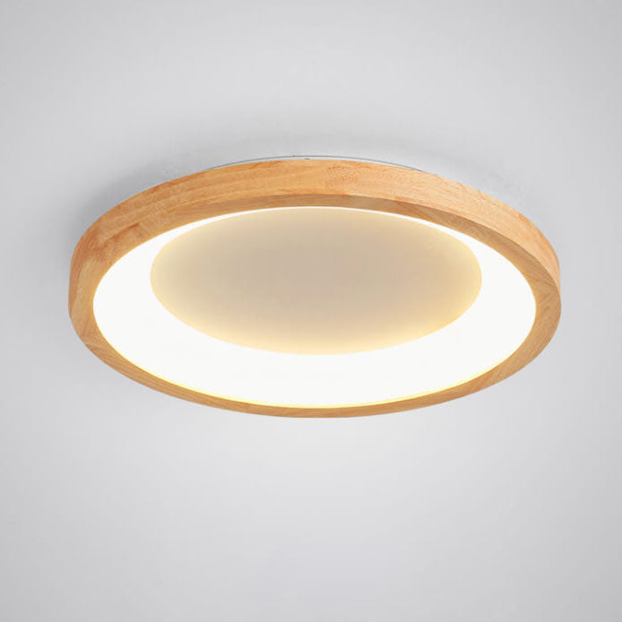 Contemporary Scandinavian Rubberwood Acrylic Log Circle Design LED Flush Mount Ceiling Light For Living Room