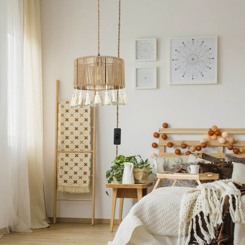 Moderne Küsten-Pendelleuchte mit runder Quaste aus Hanfseil und Rattan, 1 Licht, für Schlafzimmer 