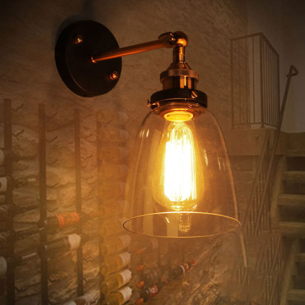 Zeitgenössische industrielle runde Tasse Eisenglas 1-Licht Wandleuchte Lampe für Wohnzimmer 