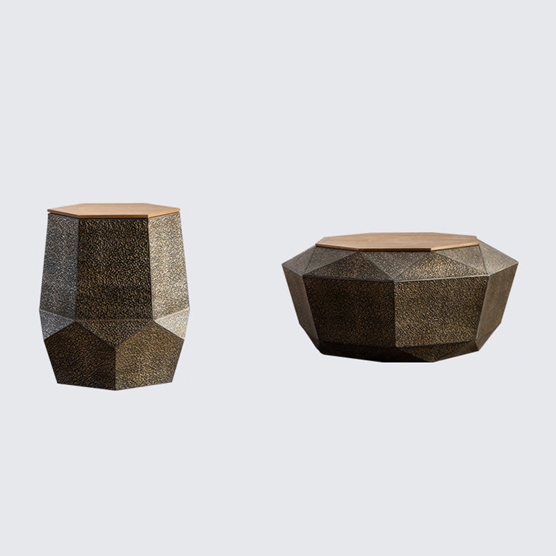 Mesa de café geométrica de hierro y madera de pino con diseño retro contemporáneo de 1 estante para sala de estar 