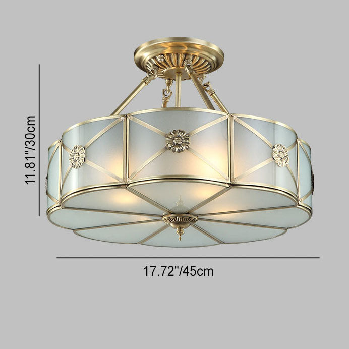 Moderne Light Luxury Schnitzerei Kupfer Runde Glas 4-Licht Semi-Flush Mount Deckenleuchte 