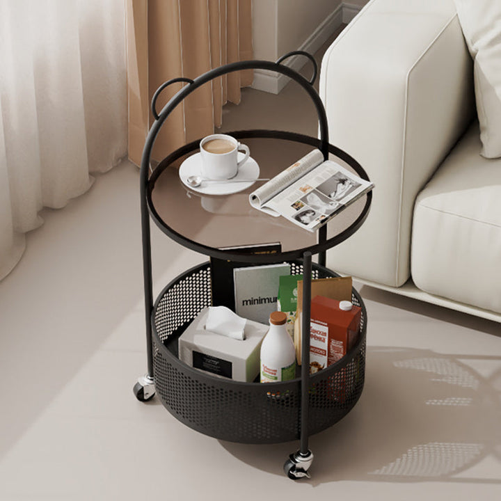Mesa auxiliar móvil redonda de vidrio y hierro de estilo contemporáneo y sencillo con estantes de almacenamiento de 2 niveles para sala de estar 