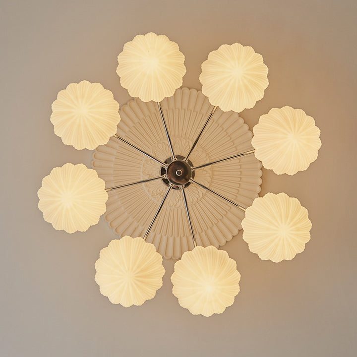 Traditionelle französische Schüssel geripptes Eisen Holz Glas 3/5/8 Licht Halbbündige Deckenleuchte für Wohnzimmer 