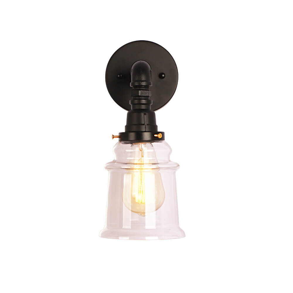 Contemporary Industrial Clear Glass Bell Pipe Iron 1-Light Wall Sconce Lamp For Bedroom