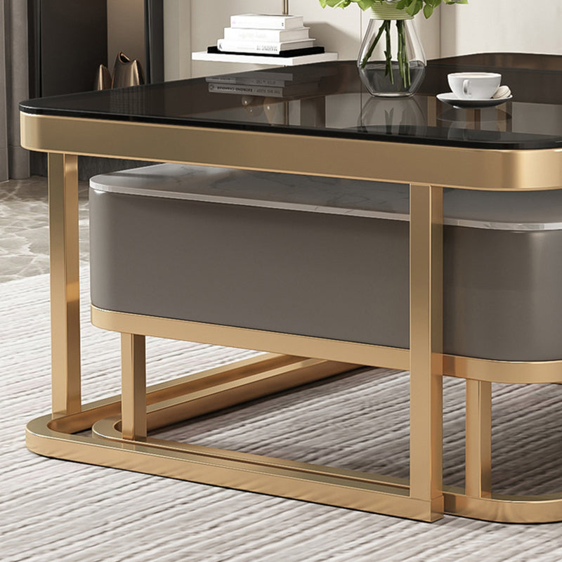 Modern Minimalist Square Rock Slab Glass Carbon Steel Faux Leather MDF Combination Coffee Table 1-Drawer For Living Room