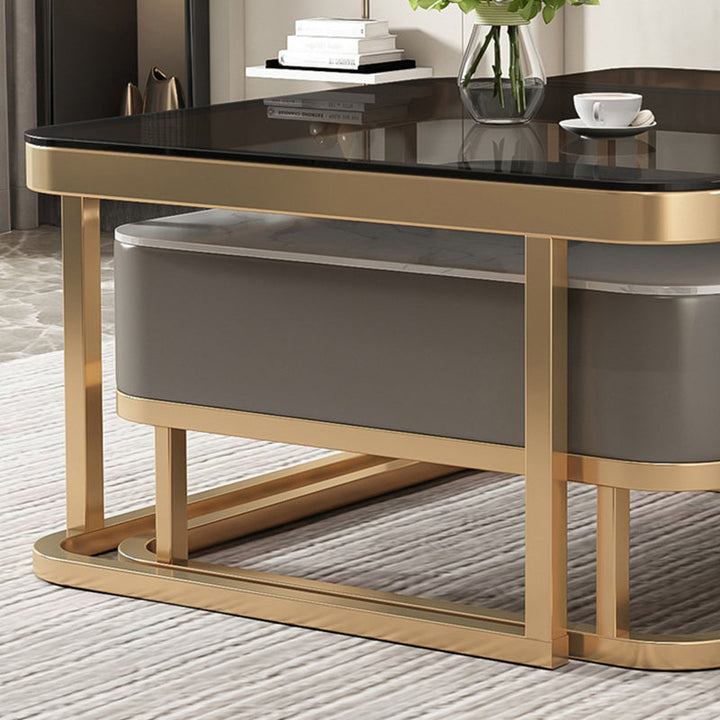 Modern Minimalist Square Rock Slab Glass Carbon Steel Faux Leather MDF Combination Coffee Table 1-Drawer For Living Room
