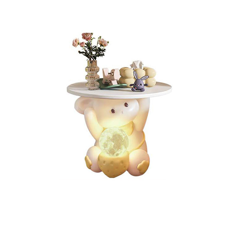 Moderner Art Deco Kinderhasen-Rundteller Rechteckige Schublade Harz Holz Emaille Nachttisch mit 1 Schublade und LED-Licht für das Schlafzimmer 