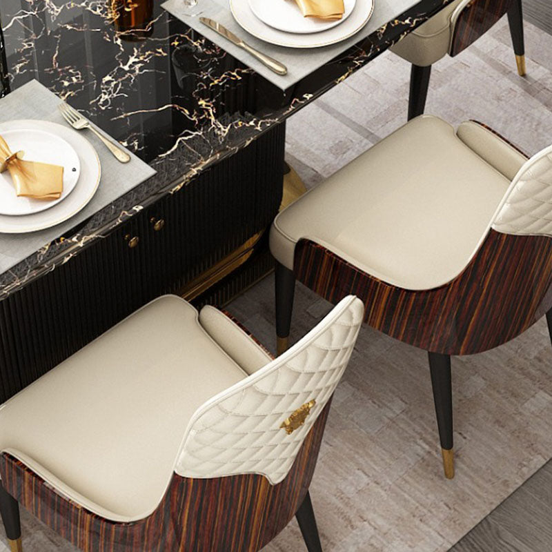 Chaise de salle à manger contemporaine en cuir nordique avec dossier et accoudoirs en bois, acier inoxydable et éponge 