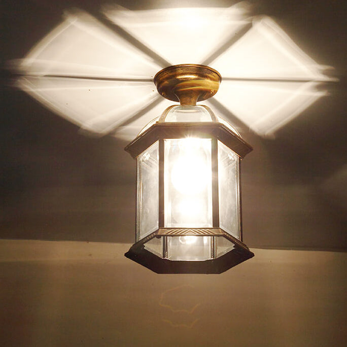 Traditional European Outdoor Hexagonal Lantern Waterproof 1-Light Semi-Flush Mount Ceiling Light For Outdoor