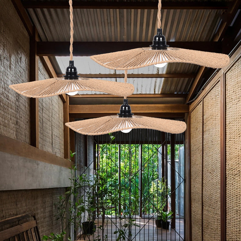 Chapeau traditionnel rustique en paille tissée, corde en papier de fer, suspension à 1 lumière pour salon 