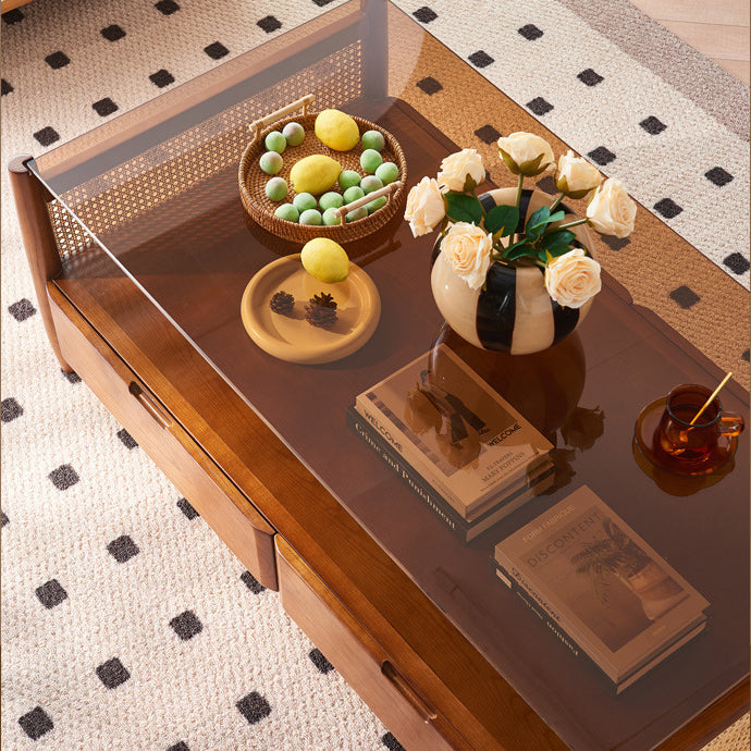 Traditioneller japanischer Weben Rechteckiger Couchtisch aus Eschenholz mit Glas und 4 Schubladen für das Wohnzimmer 