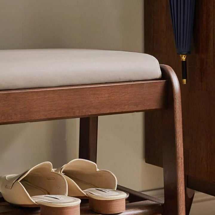 Modern Minimalist Rectangular Rubberwood Faux Leather Shoe Storage Benche For Entryways