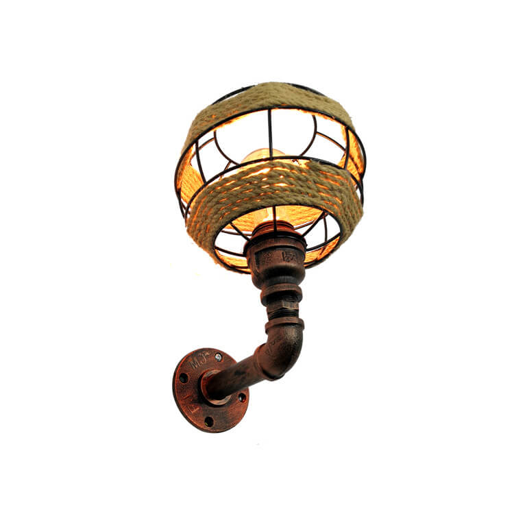 Industrial Hemp Rope Weaving Iron Sphere 1-Light Wall Sconce Lamp