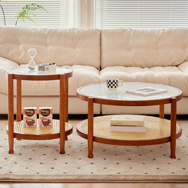 Table basse ronde minimaliste moderne en hévéa avec plateau en verre et faux rotin, à 2 niveaux, pour salon 