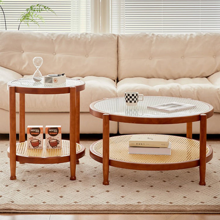 Table basse ronde minimaliste moderne en hévéa avec plateau en verre et faux rotin, à 2 niveaux, pour salon 