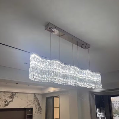 Moderne Luxus Edelstahl Kristallwelle Rechteckige LED-Kronleuchter Insellicht für das Esszimmer 