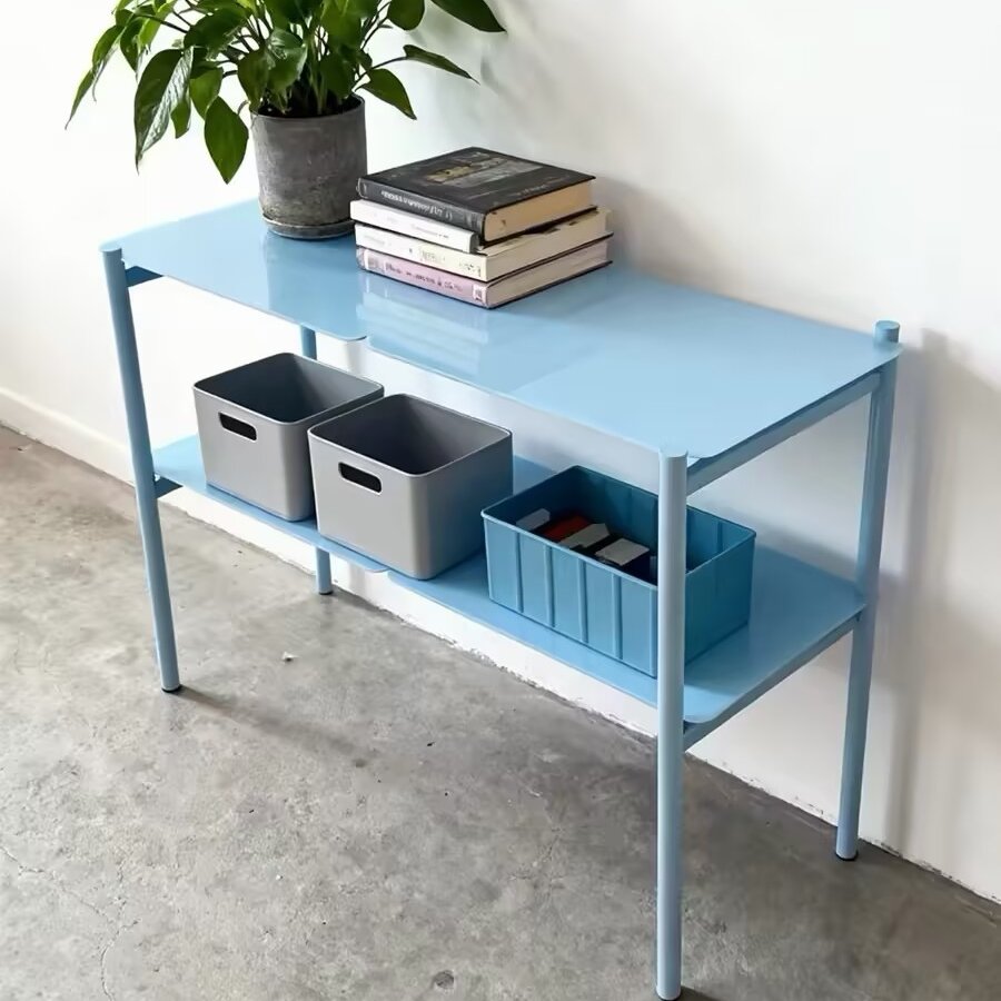 Modern Minimalist Iron Rectangular Blue Storage Shelf With 2-Tier Organizer For Living Room