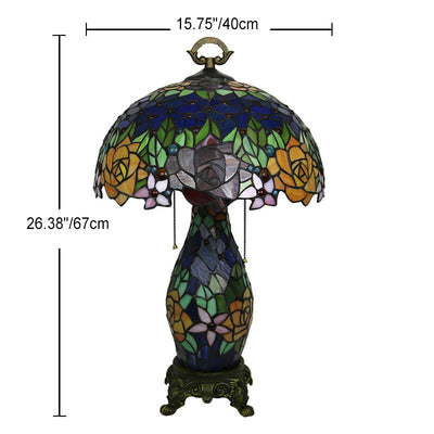 Tiffany Vintage Rose Flower Decor Stained Glass Dome 2-Light Table Lamp