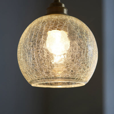 Japanese Vintage Round Crackle Glass Brass 1-Light Pendant Light