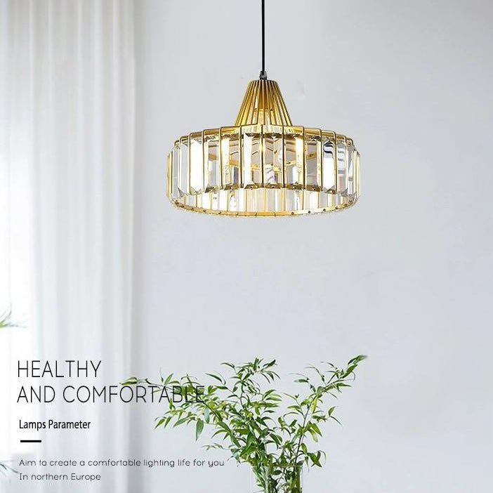 Zeitgenössische Luxus Eisen Zylinder Rahmen Kristall Schatten 1-Licht Pendelleuchte für Wohnzimmer 