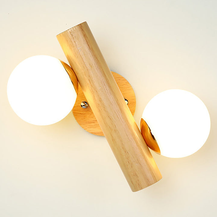 Traditional Japanese Metal Rubber Wood Walnut Glass Cylinder Strip Ball 2-Light Wall Sconce Lamp For Bedside